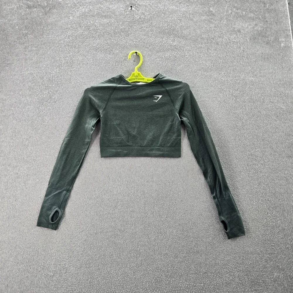 Gymshark Women Activewear‎ Top S Green Elastane Nylon Long Sleeve Crop